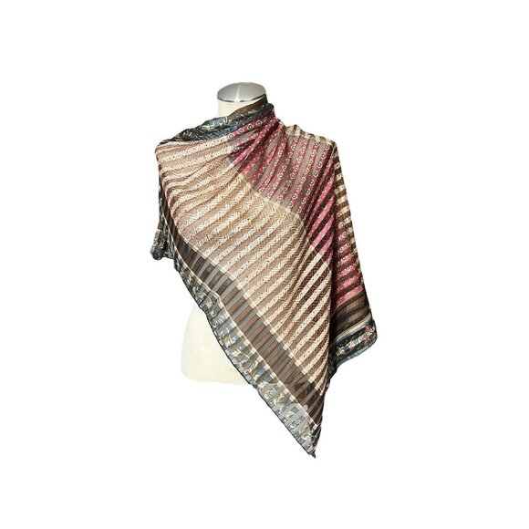 LIZ CLAIBORNE Boho Colorful Striped Square Scarf Gold Sparkle Thread Semi‎ Sheer - Picture 4 of 9